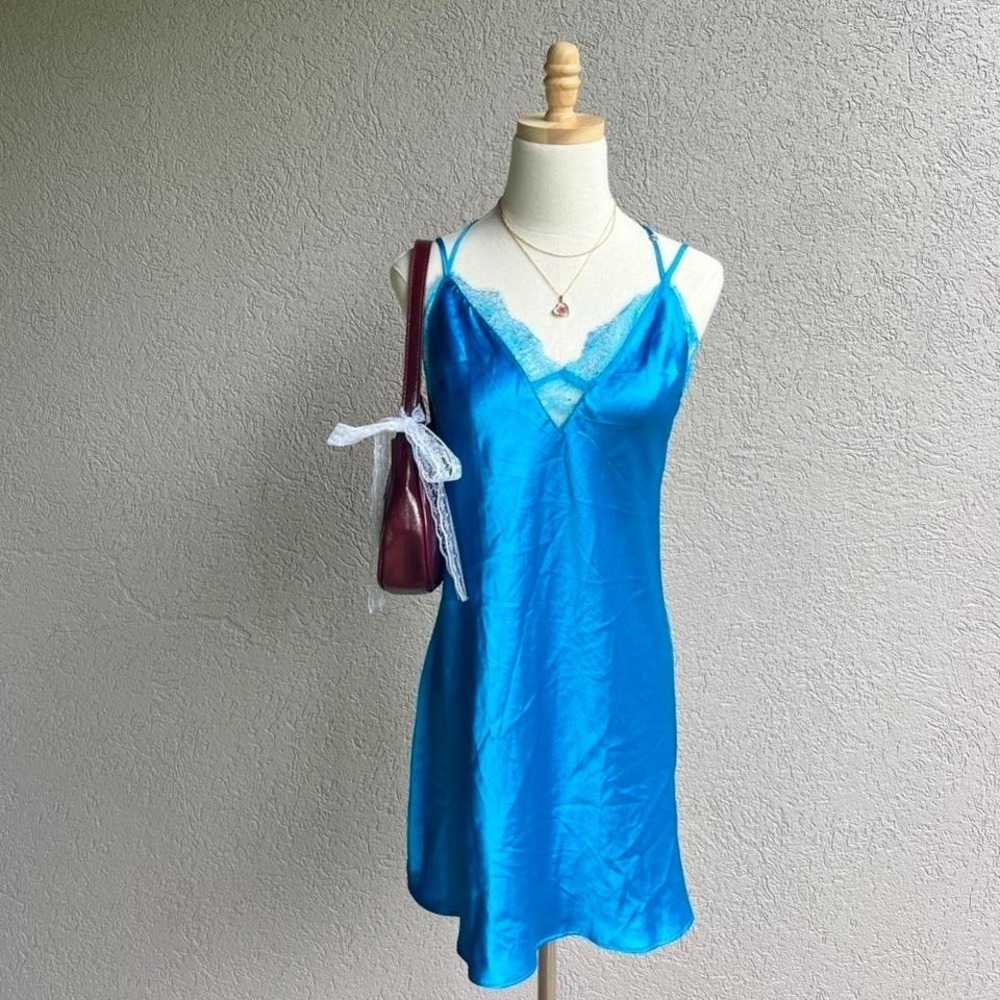Victoria's Secret Blue Lace Trim Slip Dress Nightgown Lingerie‎ Size Medium